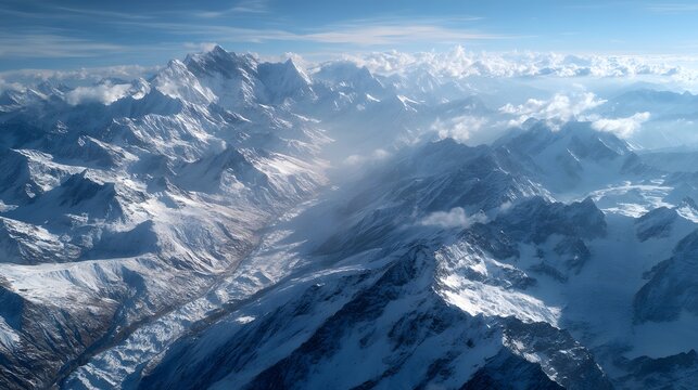 Stunning aerial view of a snow-capped mountain range under a beautiful cloudy sky capturing nature's grandeur
