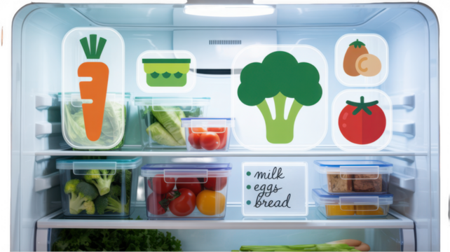 Open refrigerator containing various fresh produce in transparent containers, along with a digital shopping list featuring milk, eggs, and bread, all displayed against a transparent background