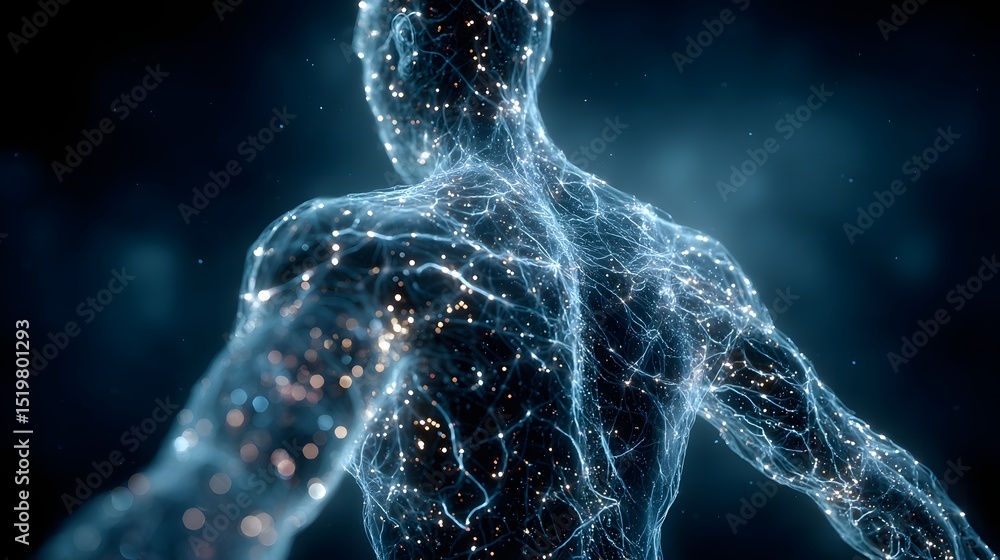 Poster male figure composed of intricate lines creating a complex digital silhouette in a modern artistic d