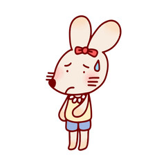 Cute kawaii bunny sad confuse  character with bow standing pose