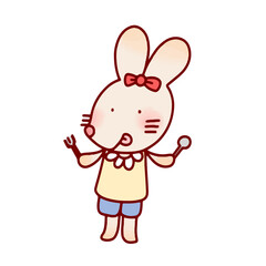 Cute kawaii bunny hungry character with bow standing pose