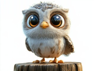 Charming 3D cartoon owl with oversized eyes and realistic feathers perched on a wooden stump, perfect for nature, kids, or educational themes.
