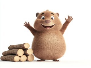 Happy cartoon beaver with stacked firewood
