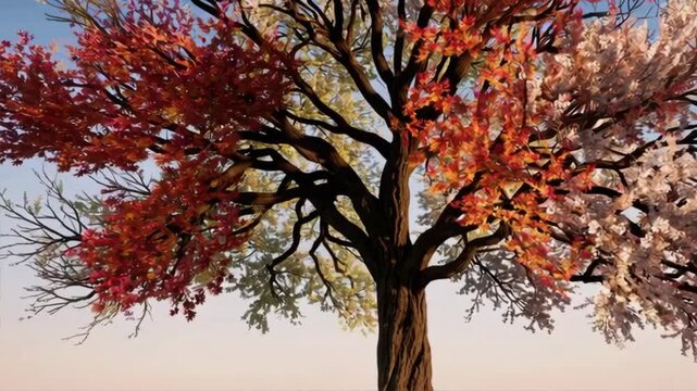 Surreal tree displaying four seasons with colorful leaves in a single vibrant artistic landscape