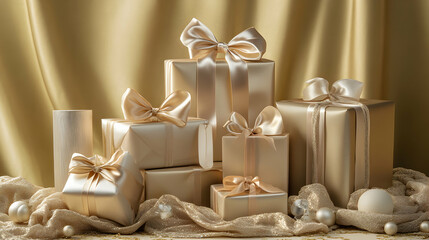Elegant golden gifts with satin bows for luxurious occasions and celebrations
