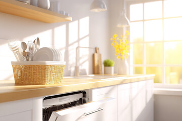 Close-up of dishwasher in sunlight in bright and clean kitchen