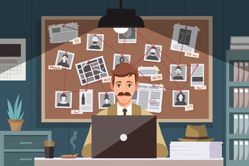 Detective office interior with investigation board. Cartoon interior of detectives room with desk, board on wall and elements of investigation. Detective workplace. Vector stock