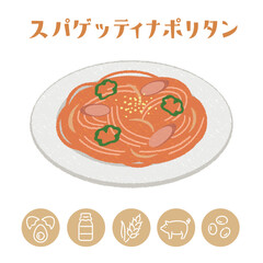学校給食のスパゲッティナポリタンとアレルゲン表示アイコンのイラスト