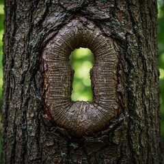 Unique tree bark with keyhole shape in lush forest setting  