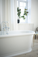 close up royal freestanding huge white bathtub in classic interior design near windows background, minimalism style. free space