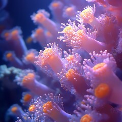 Naklejka premium ethereal sea scene of corals during mass spawning, pink and orange eggs drifting upward, soft glowing light, magical underwater world, ultra HD, nature documentary style