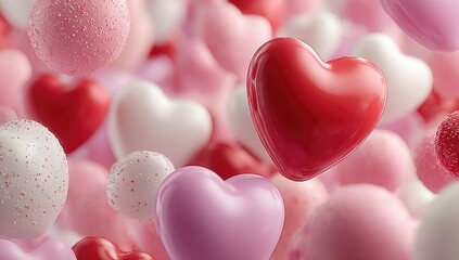 Obraz premium Valentine's Day background with heart shaped balloons and confetti on pink background