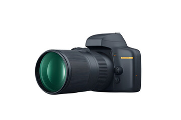 Sleek black DSLR camera with large lens, perfect for capturing high quality images. camera design is modern and professional, ideal for photography enthusiasts