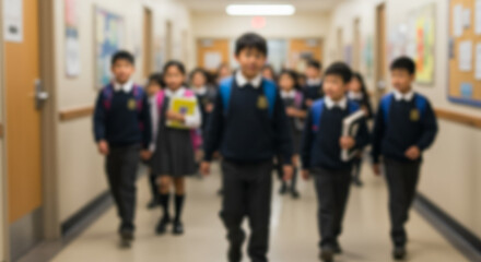 blured group of students walking down the school hallway in uniform as they prepare for back to school