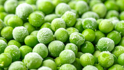 Frozen green peas covered in frost and ice crystals. Tasty and healthy food. Organic product.