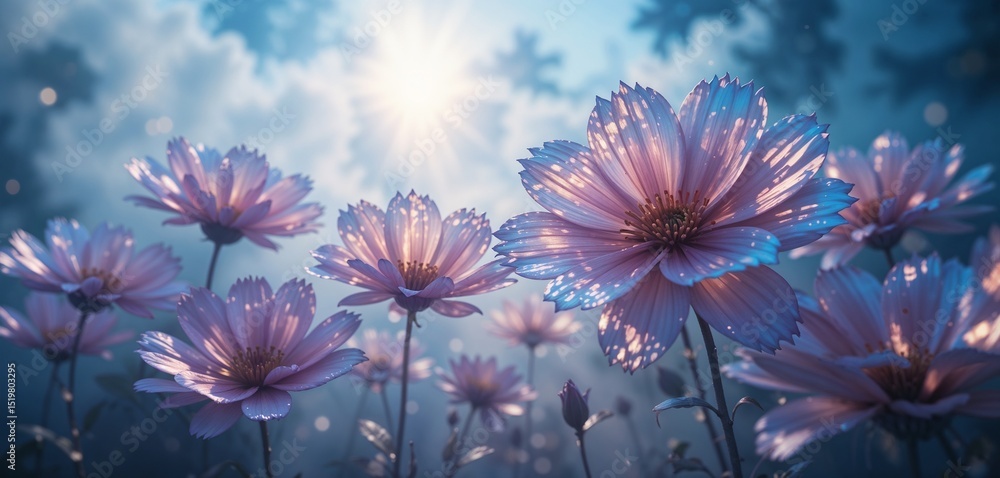 Poster a field of cosmos flowers in soft light with a dreamy sky and bokeh effect creating a serene atmosph