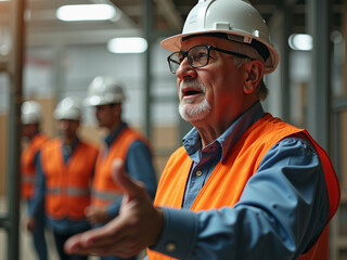 An elderly caucasian man in a hard hat and safety vest is giving instructions to younger workers in an industrial setting highlighting the impact of aging population on technology