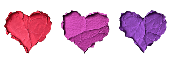 Three Textured Heart Shapes In Red Pink And Purple The Hearts Are Arranged In A Row Left To Right They Are All Isolated On A Transparent Background