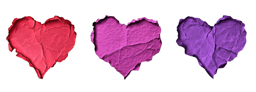 Three Textured Heart Shapes In Red Pink And Purple The Hearts Are Arranged In A Row Left To Right They Are All Isolated On A Transparent Background