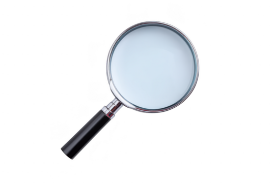 Magnifying glass with black handle and silver rim is shown against transparency background, emphasizing its simplicity and functionality