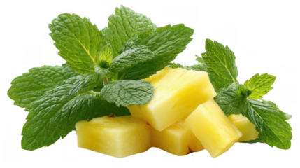 Vibrant green mint sprigs arranged beside freshly cut pineapple cubes create a refreshing tropical composition on a transparent background, perfect for food projects