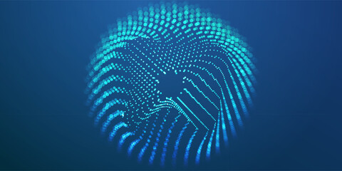 Ai round particles dots technology banner. Particle big data neon background. Artificial Intelligence futuristic glitter circle connect design.