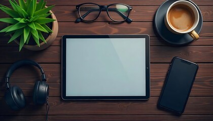 Modern Workspace with Tablet, Coffee, and Accessories on Wood Table