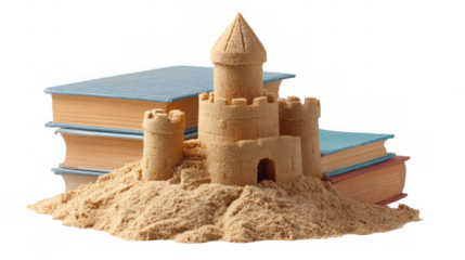 Detailed sandcastle resting on a sand pile, surrounded by books, symbolizes the fusion of imagination, creativity, and education against a transparent background