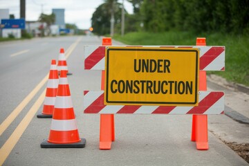 under construction sign with barrier and traffic cones