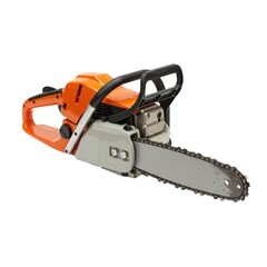 Orange chainsaw isolated on white background