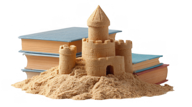 Detailed sandcastle resting on a sand pile, surrounded by books, symbolizes the fusion of imagination, creativity, and education against a transparent background