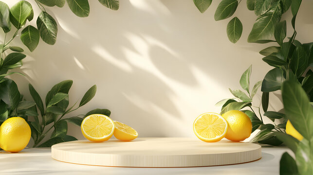 Bright and refreshing lemon display with botanical accents for product promotion