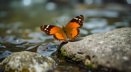 Obraz premium Beautiful Orange and Black Butterfly Resting on a Stone by a Stream in Nature