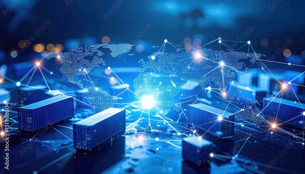 Aufkleber digital world map with connected shipping containers representing global logistics and supply chain 