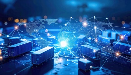 Digital world map with connected shipping containers representing global logistics and supply chain technology.