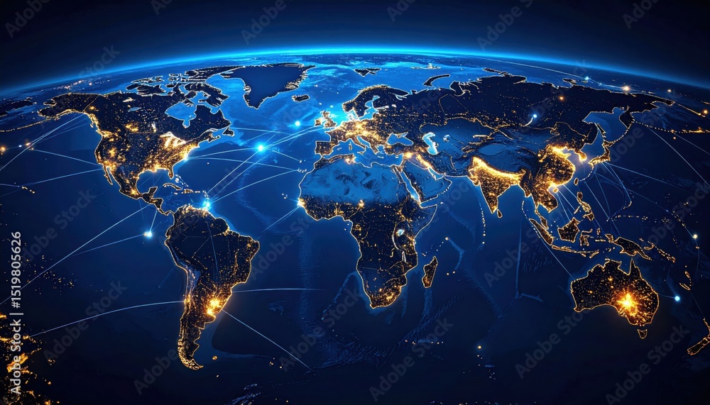 Poster a glowing world map from space shows global connections with illuminated city lights and data lines 
