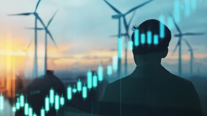 Silhouette of person with wind turbine at sunset and digital stock market graph overlay symbolizing investment and growth in renewable energy - Powered by Adobe