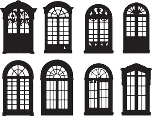 Silhouette Collection of Arched Windows: Ornate Architectural Designs, Vintage Style, Decorative Window Frames, Black and White Graphics