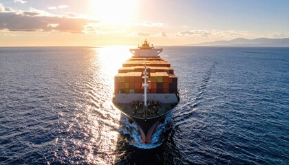 A large cargo ship loaded with containers sails across the ocean at sunset, heading toward the horizon.