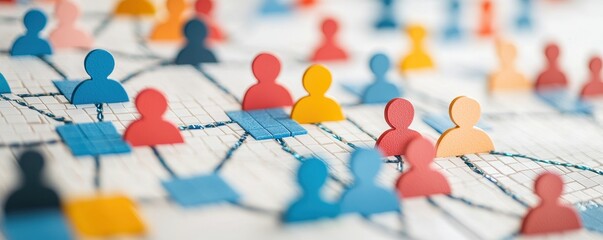 Colorful paper figures connected by lines on a grid, symbolizing social networks, teamwork, or organizational structure.