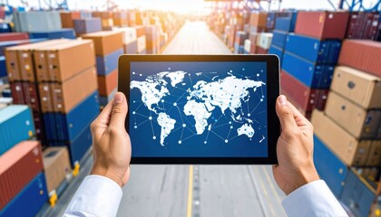 A person holds a tablet showing a world map with connections, standing in front of stacked shipping containers at a port.