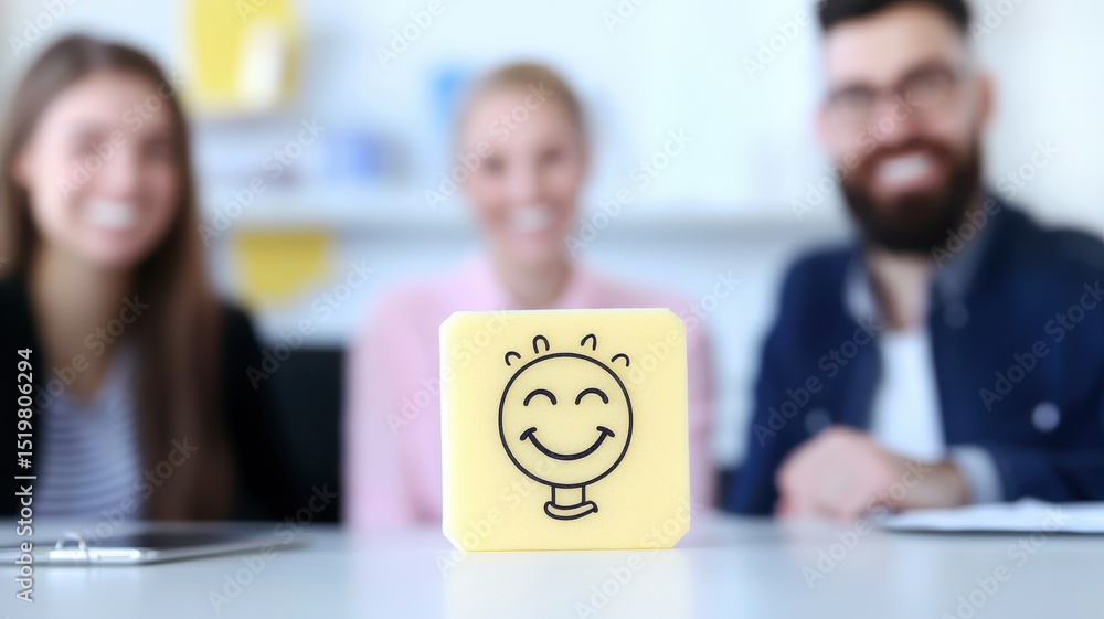 Poster three smiling colleagues sit behind a desk with a sticky note showing a cheerful lightbulb drawing i