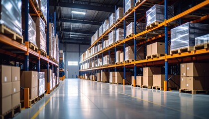 Spacious warehouse interior with stacked shelves, pallets, and boxes organized along wide aisles under bright lighting.