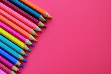Detailed Image of on a Pink , School Accessories and a Pen, Colored Pencils