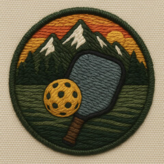 Handcrafted Pickleball Patch with Scenic Mountain Sunset