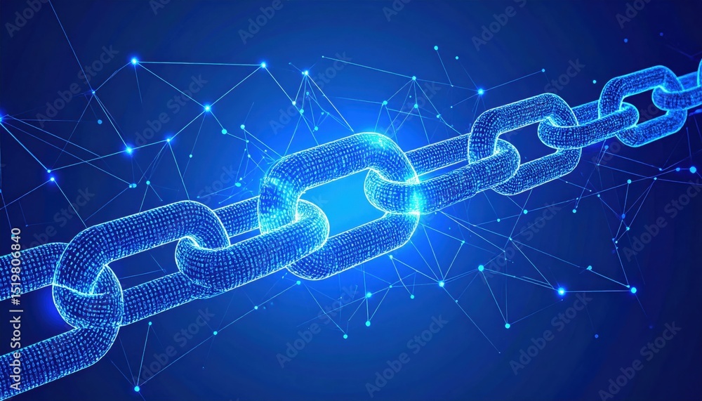 Poster a glowing digital chain symbolizes blockchain technology and secure digital connections on a blue ne