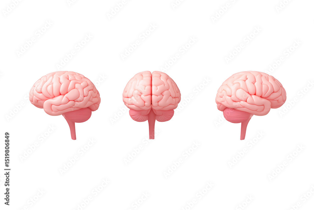 Poster three pink brain models are displayed against transparency background, showcasing different angles o