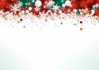 Festive Christmas Background Red, Green, and White Winter Wonderland Scene with Snowflakes and Ornaments