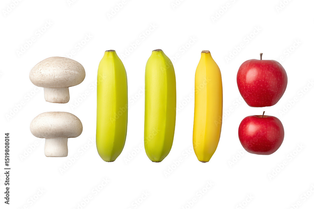Poster two white mushrooms, three yellow bananas, and two red apples are arranged in neat row on transparen