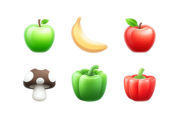 Collection of colorful fruits and vegetables including green apple banana red apple mushroom green bell pepper and red bell pepper displayed on transparency background